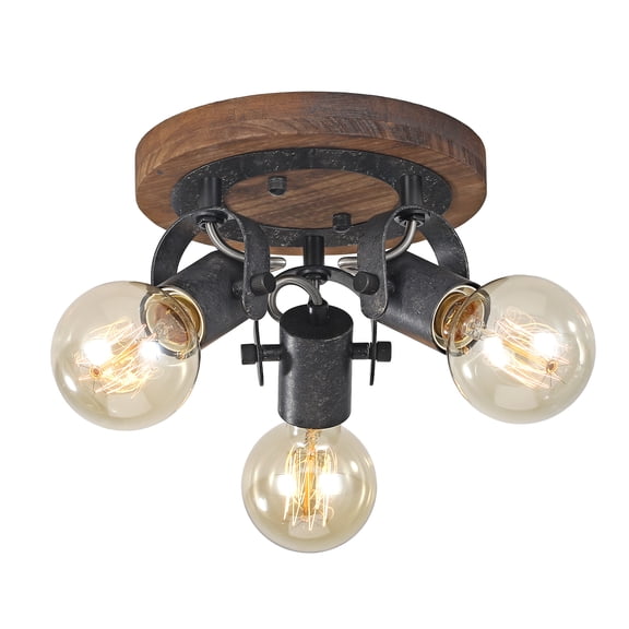 SEEBLEN 3-Light Farmhouse Ceiling Light Fixture Adjustable Wood Base Rustic Black Metal for Kitchen Bedroom Hallway