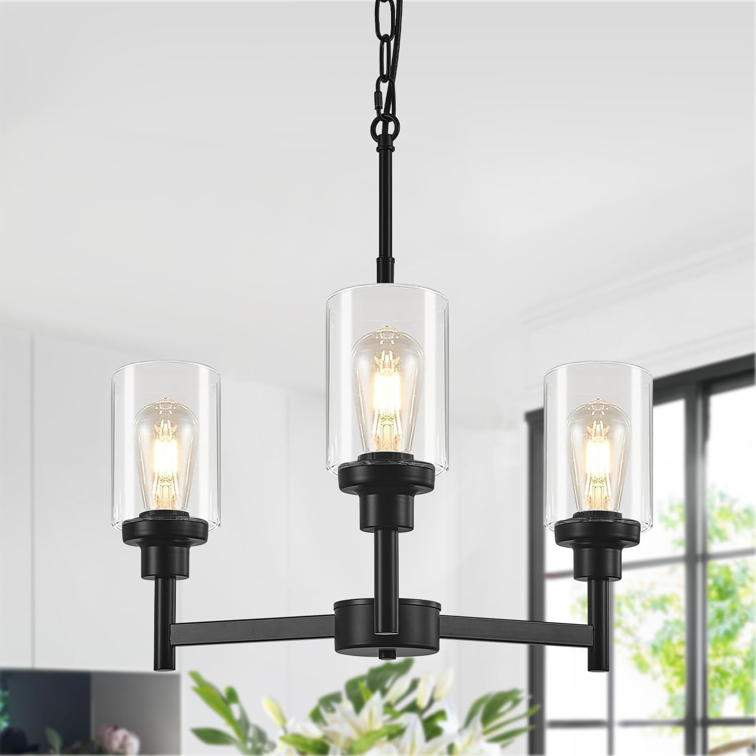 Modern Black 3-Light Chandelier with Clear Glass Shades