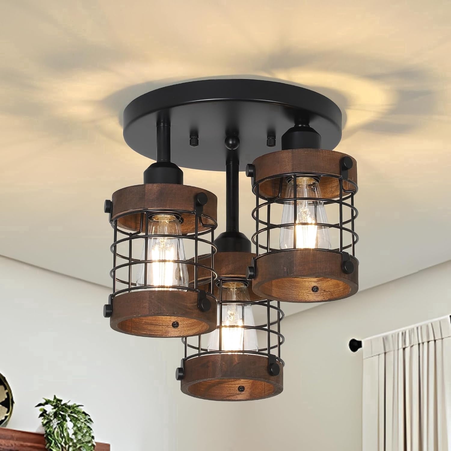 3-Light Farmhouse Semi Flush Mount Ceiling Light, Black & Wood Cage Ceiling Fixture with E26 Base, Industrial Close to Ceiling Lighting for Kitchen, Hallway, Entryway, Bedroom, Porch, Dimmable, 9.8"