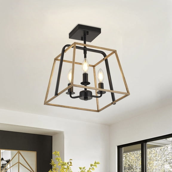 3-Light Farmhouse Semi Flush Mount Ceiling Light, Black & Wood Grain Rustic Ceiling Lamp for Living Room, Entryway, Hallway | E12 Base
