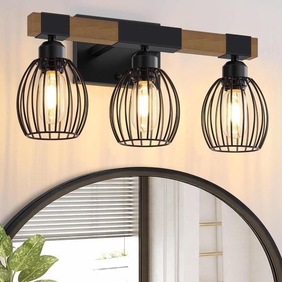 3-Light Farmhouse Vanity Lights for Bathroom, Rustic Wood Bathroom Light Fixtures Over Mirror with Elegant Teardrop Cage, Vintage Black Vanity Wall Sconce Light for Bedroom Powder Room Kitchen