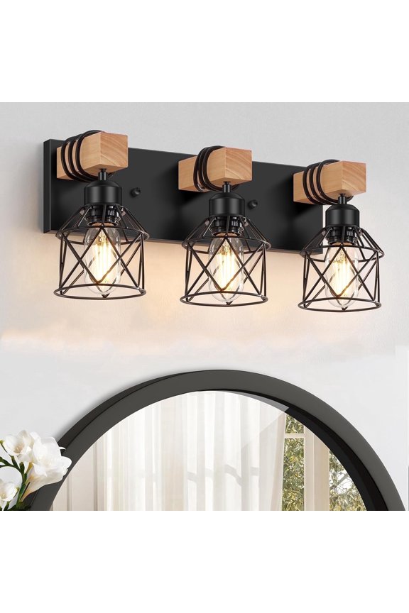 3-Light Farmhouse Wood Bathroom Vanity Lights over Mirror with Metal Cage Lampshade Rustic Bathroom Light Fixtures for Mirror, Living Room, Bedroom, Hallway