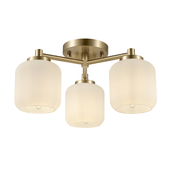3-Light Flush Mount Ceiling Light, Brass, Frosted Ribbed Glass Shade, Updated Traditional Style for Home Lighting