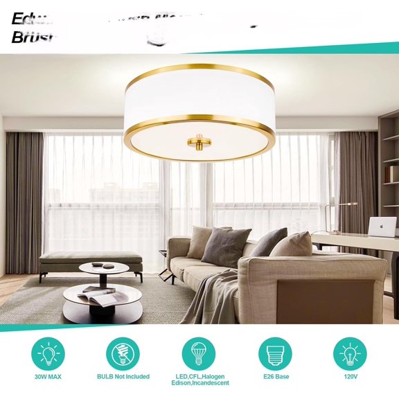 3-Light Flush Mount Ceiling Light Fixture, 12.6" Drum Light with White Fabric Shade, Modern Close to Ceiling Light for Living Room Bedroom Dining Room Kitchen Hallway Entry (Brushed Gold)$$