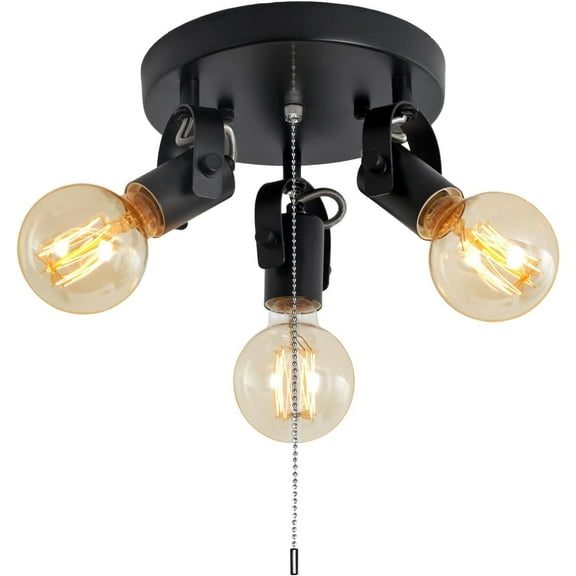 3 Light Flush Mount Ceiling Light with Pull Chain, Industrial Kitchen Ceiling with Rotatable Light Head,Black Pull Chain Spotlight for Bedroom Hallway Kitchen Laundry