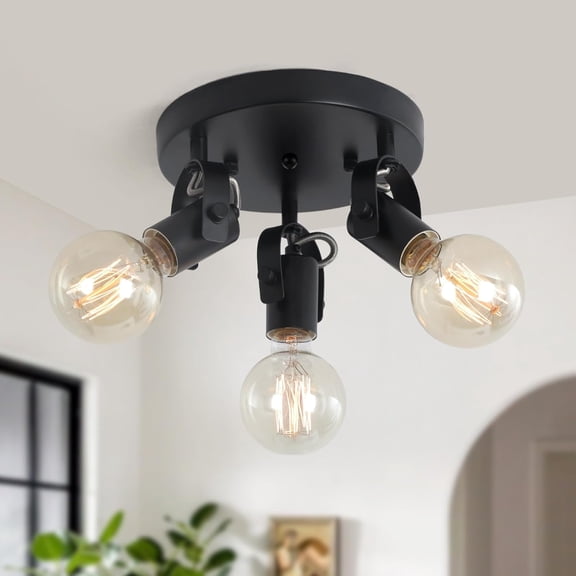3-Light Flush Mount Ceiling SpotlightMulti-Directional Track Lighting Fixtures Ceiling with Open No Shade Design, Black Kitchen Light for Island, Sink,Dining Room, Hallway (E26, Bulb Not Included)