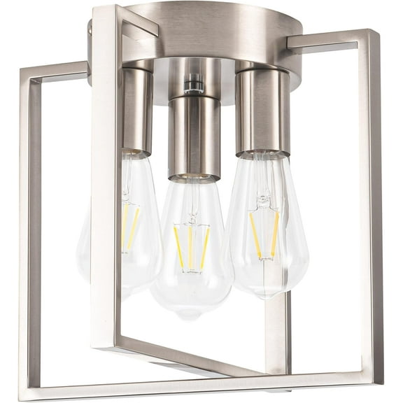3-Light Flush Mount Light Fixture,Brushed Nickel Metal Frame Ceiling Light Fixture with Contemporary Geometric Metal Cage,for Living Room Kitchen Dining Room Bedrooms Foyer Hallways,
