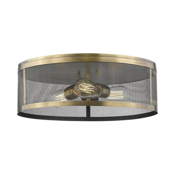 3 Light Flush Mount in Industrial Style 18 inches Wide By 6 inches High-Natural Brass Finish-Natural Brass Shade Color Bailey Street Home