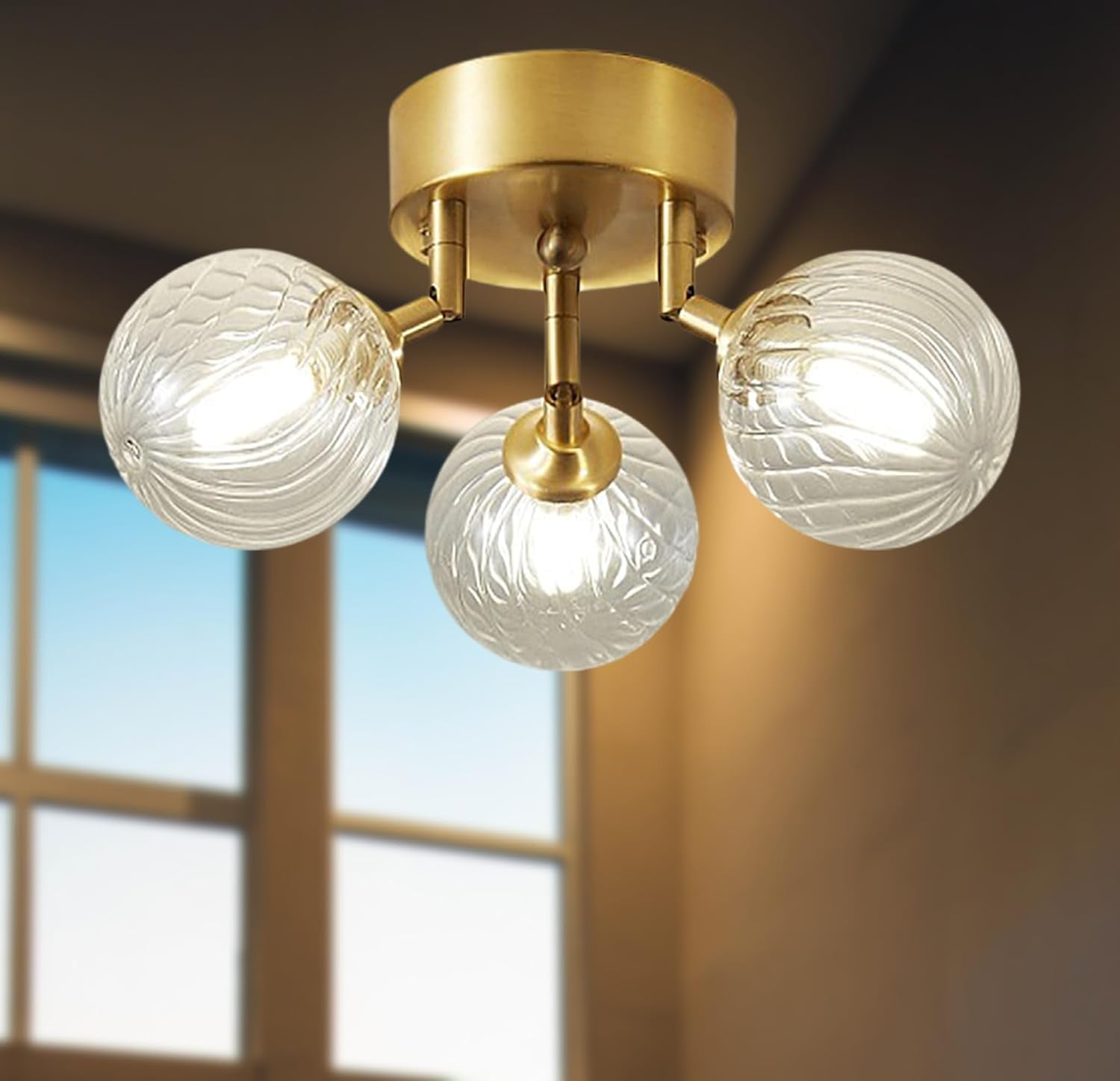3-Light Globe Glass Close to Ceiling Light, Gold Hallway Flush Mount Light Fixture with Textured, Glass Lampshade for Bedroom Dinning Room (Bulb Incl.)
