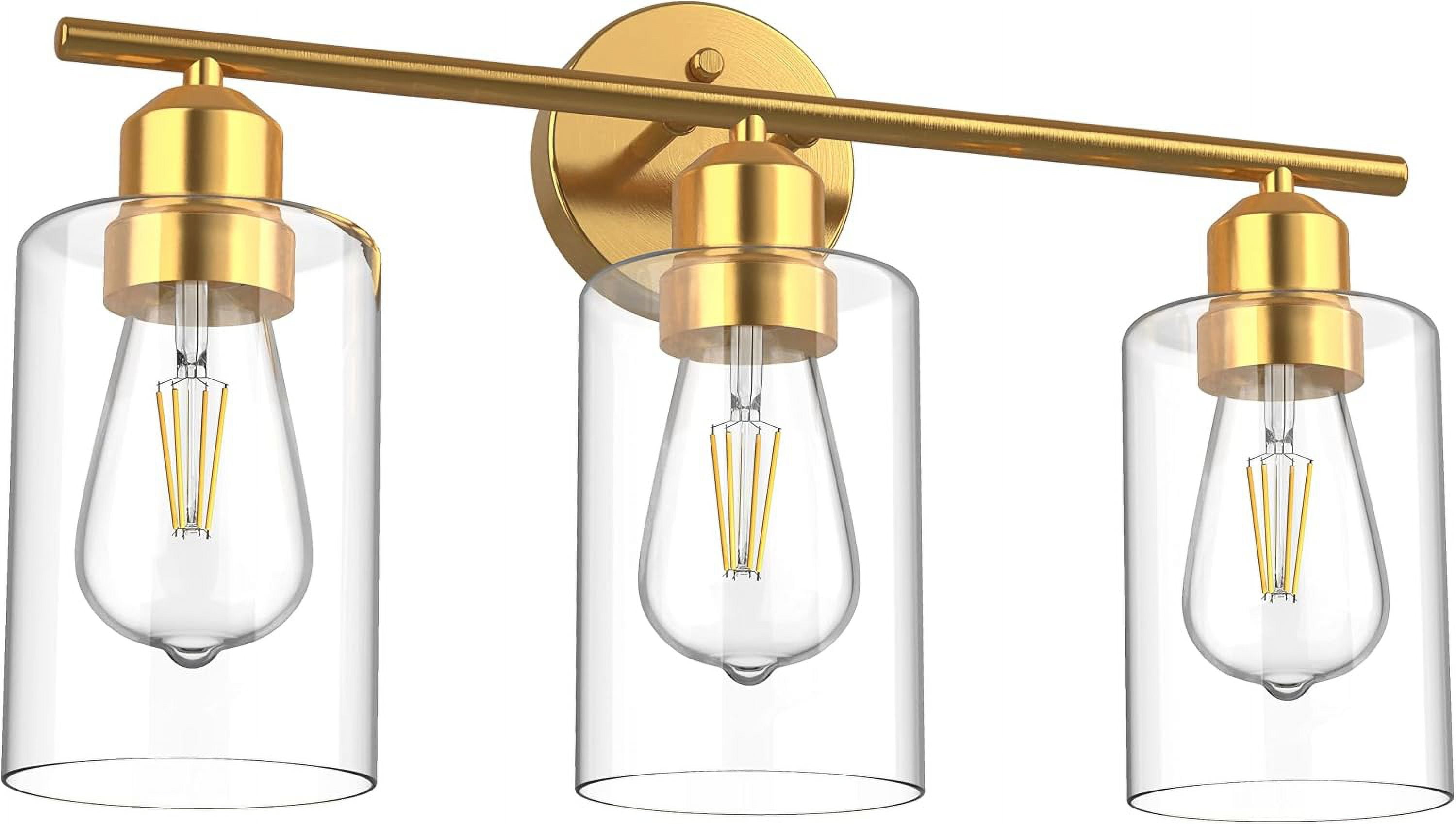 3Light Gold Bathroom Light Fixtures, Brushed Brass Bathroom Vanity Light With Clear Glass Shade