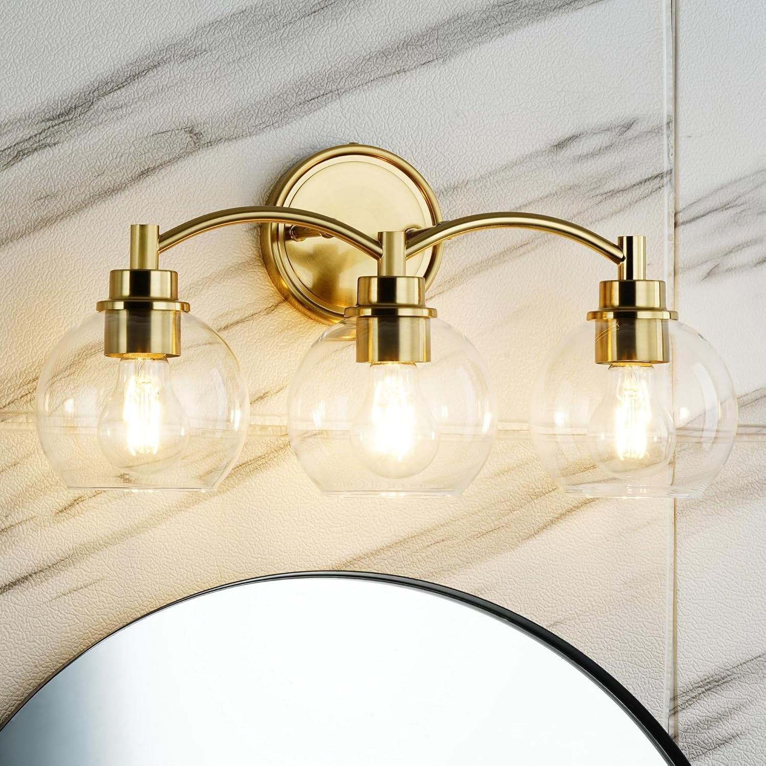 3-Light Gold Bathroom Vanity Fixture with Globe Glass Modern Wall ...