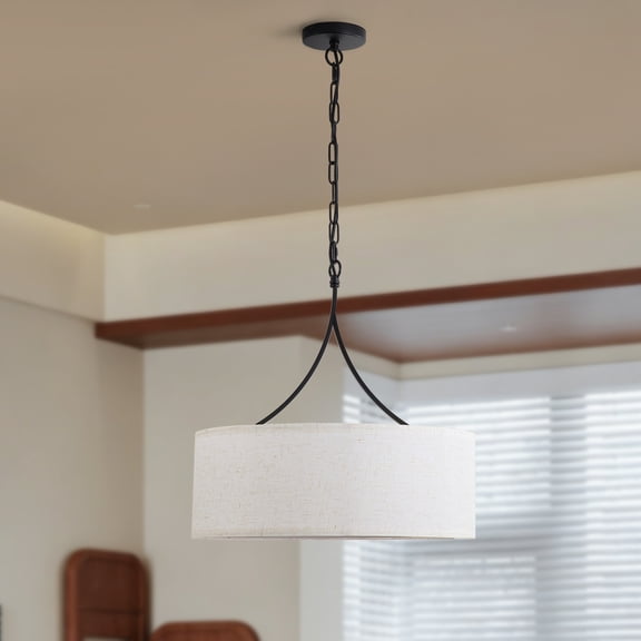 3-Light Gold Fabric Drum Pendant Light, Transitional Farmhouse Dining Room Chandelier Over Table, Adjustable Height Ceiling Light Fixture for Kitchen Island Living Room Entryway RR