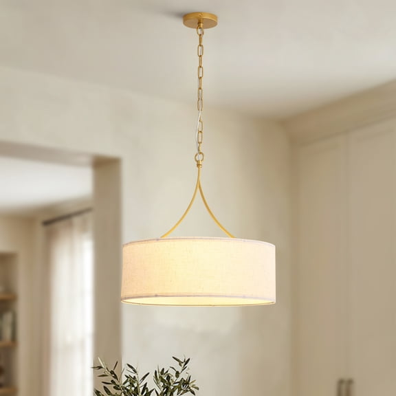 3-Light Gold Fabric Drum Pendant Light, Transitional Farmhouse Dining Room Chandelier Over Table, Adjustable Height Ceiling Light Fixture for Kitchen Island Living Room Entryway RR
