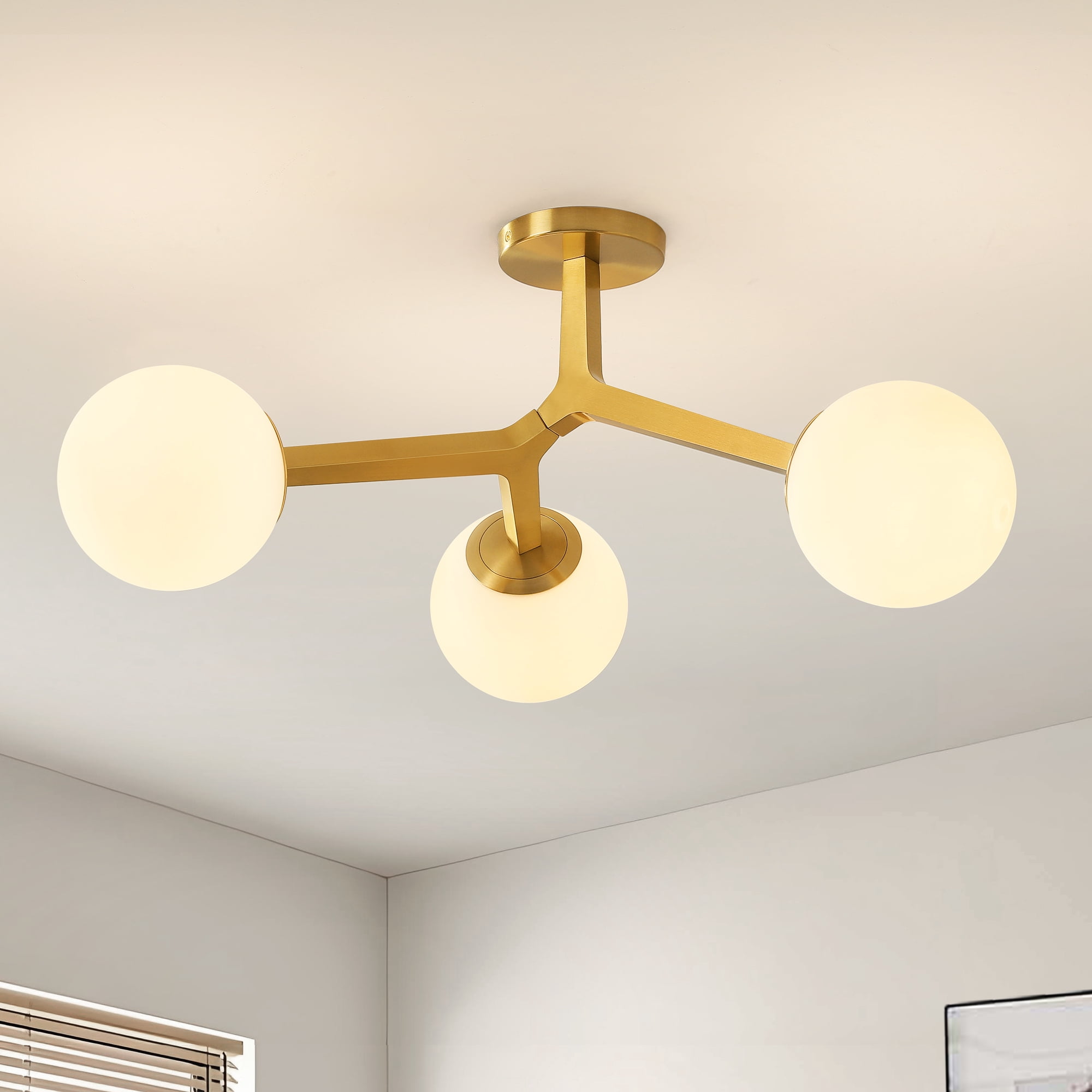 3-Light Gold Modern Chandelier Glass Semi Flush Mount Ceiling Light with Globe Milky Frosted Glass Shade E12 Sputnik Ceiling Light for Kitchen Hallway Light Fixture