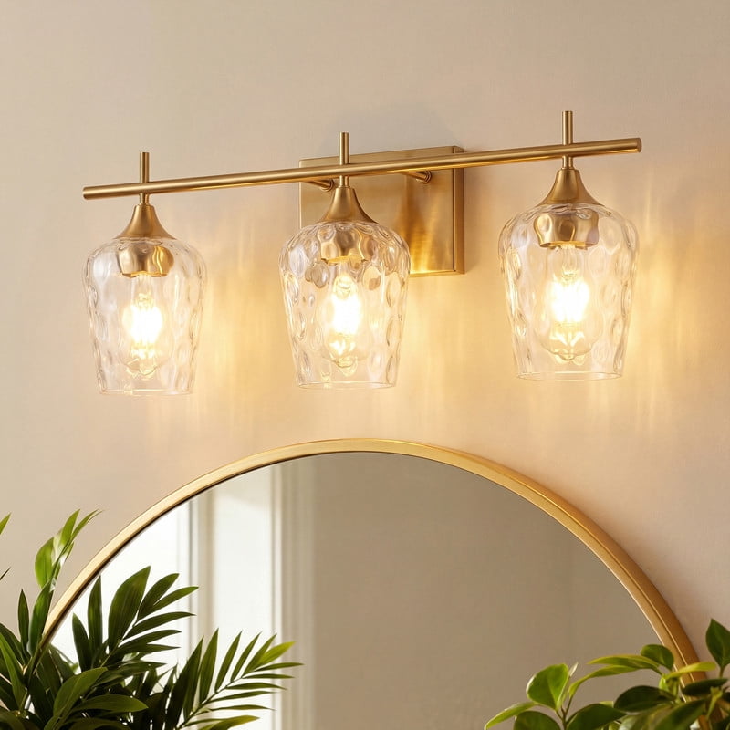 3-Light Gold Vanity Light, 20.87 Inch Bathroom Light Fixture with Hammered Glass Shadesm Modern Wall Sconce for Vanity, Powder Room & Bedroom