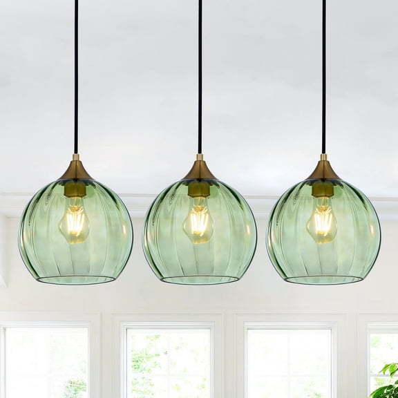 3-Light Green Glass Pendant Light, Adjustable Height Kitchen Island Hanging Fixture,Modern Light Fixture for Dining Room