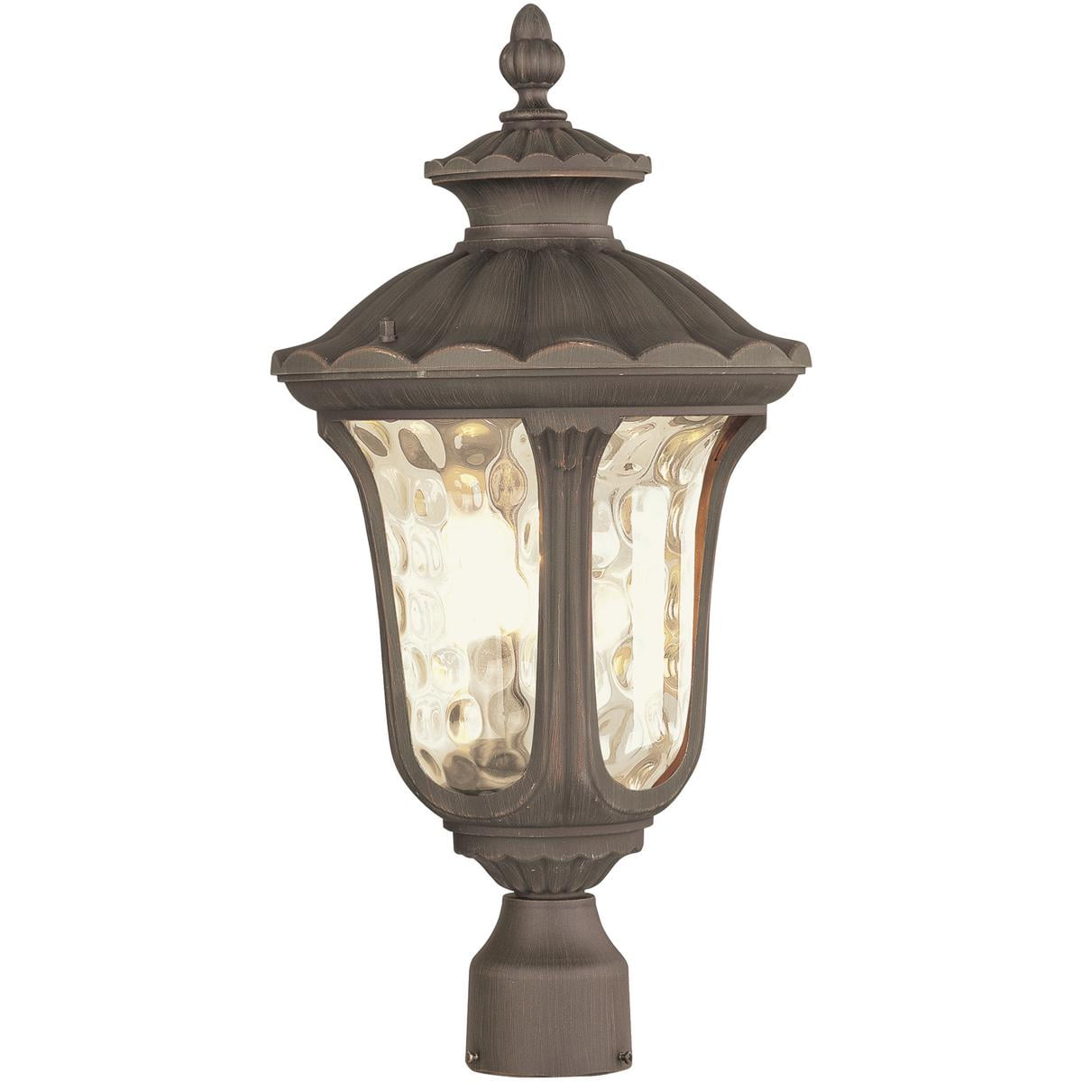 3 Light Imperial Bronze Outdoor Post Lantern Pendant Lighting Fixture with Amber Water Glass Shade backed with Cast Aluminum material for patio, front porch, entryway and more