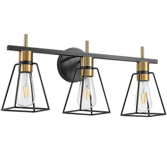 KAISITE 3-Light Black and Gold Dimmable LED Vanity Light with Metal Cage