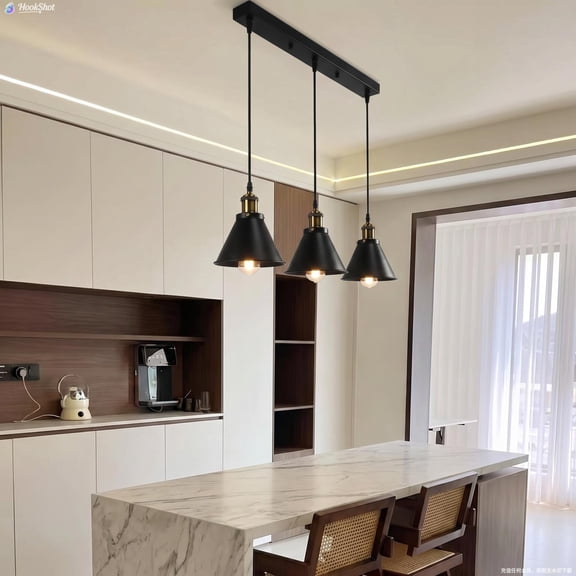 3-Light Industrial Black Cone Pendant Light, Adjustable Cord Linear Kitchen Island Pendant Lamp, E26 Vintage Farmhouse Dining Room Hanging Ceiling Light Fixture