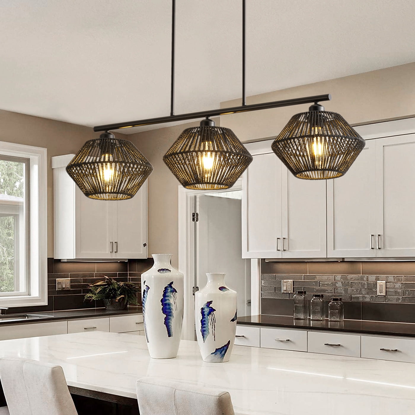 3-Light Industrial Chandelier, Modern Black Linear Pendant Light for Living Room Dining Room Kitchen Hallway