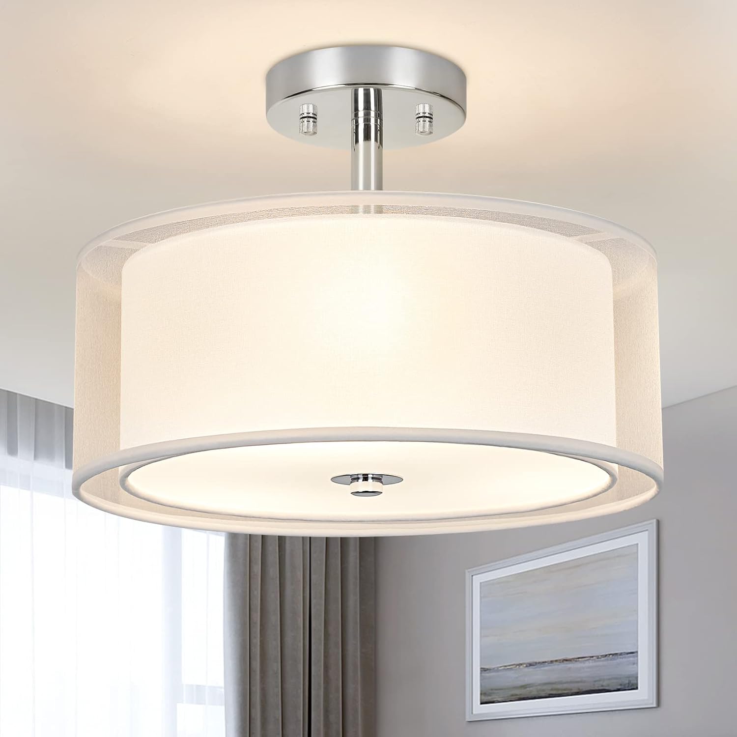 XiNBEi 18-inch 3-Light Semi Flush Mount Ceiling Light - Brushed Nickel, Fabric Shade & Glass Diffuser - For Bedroom, Dining, Hallway
