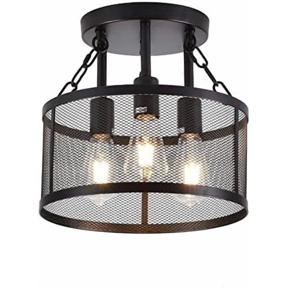3-Light Industrial Semi Flush Mount Ceiling Light Drum Shade Pendant Lamp Metal Mesh Pendant Light for Farmhouse Kitchen Bedroom Dinning Room Dia 12.6inch$$Tools & Hardware Other