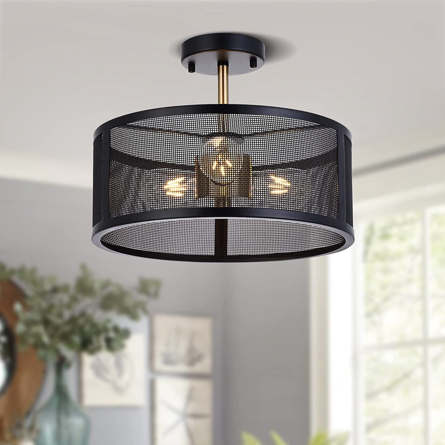 3-Light Industrial Semi Flush Mount Ceiling Light Fixture, 14.2