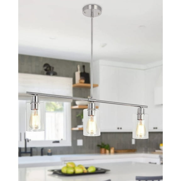 3-Light Island Pendant With Clear Glass Shades,Pendant Lighting for Dining Room Ceiling Light, Brushed Nickel Finish with Clear Glass,Sliver