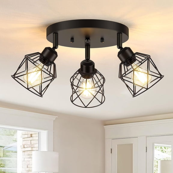 3-Light Kitchen Flush Mount Ceiling Light, Adjustable Multi-Directional Ceiling Light Fixture, Farmhouse Black Metal Cage Close to Ceiling Lamp for Dining Room Bedroom Hallway