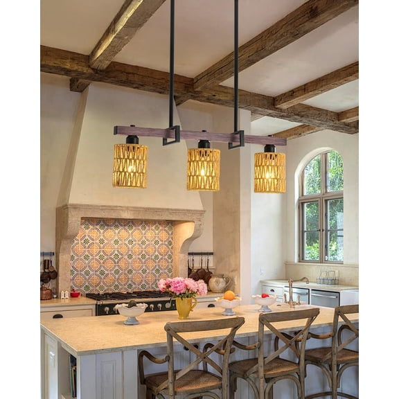 3-Light Kitchen Island Light Fixture, Linear Chandelier for Dining Room, Rustic Pendant Light Over Table, Handmade Woven Farmhouse Wicker Chandelier, Dark Wood Finish for Kitchen Island