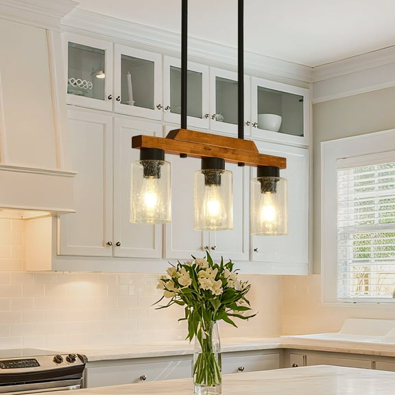3-Light Kitchen Island Light Fixtures,Dining Room Light Fixture Over Table Rustic Chandeliers with Seeded Glass Shade, Farmhouse Wood Chandelier