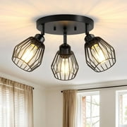 3-Light Kitchen Light Fixtures Ceiling Mount, Adjustable Multi-Directional Ceiling Fixture, Farmhouse Black Metal Cage Flush Mount