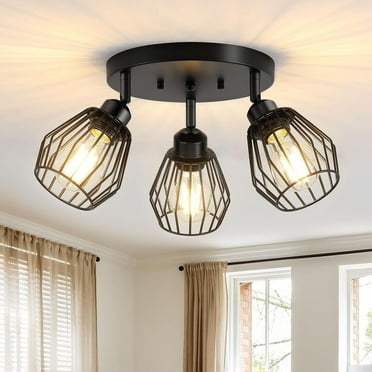 3-Light Kitchen Light Fixtures Ceiling Mount, Adjustable Multi-Directional Ceiling Fixture, Farmhouse Black Metal Cage Flush Mount
