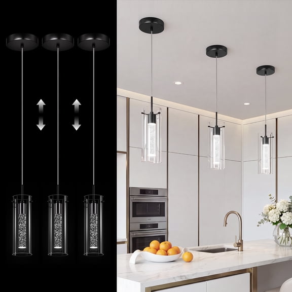 3-Light LED Pendant Light for Kitchen Island, Modern Adjustable Height Bubble Glass Hanging Light Fixture,6500K 800LM Black Cold