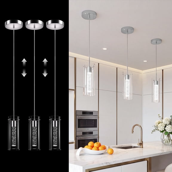 3-Light LED Pendant Light for Kitchen Island, Modern Adjustable Height Bubble Glass Hanging Light Fixture,6500K 800LM Nickel Cold