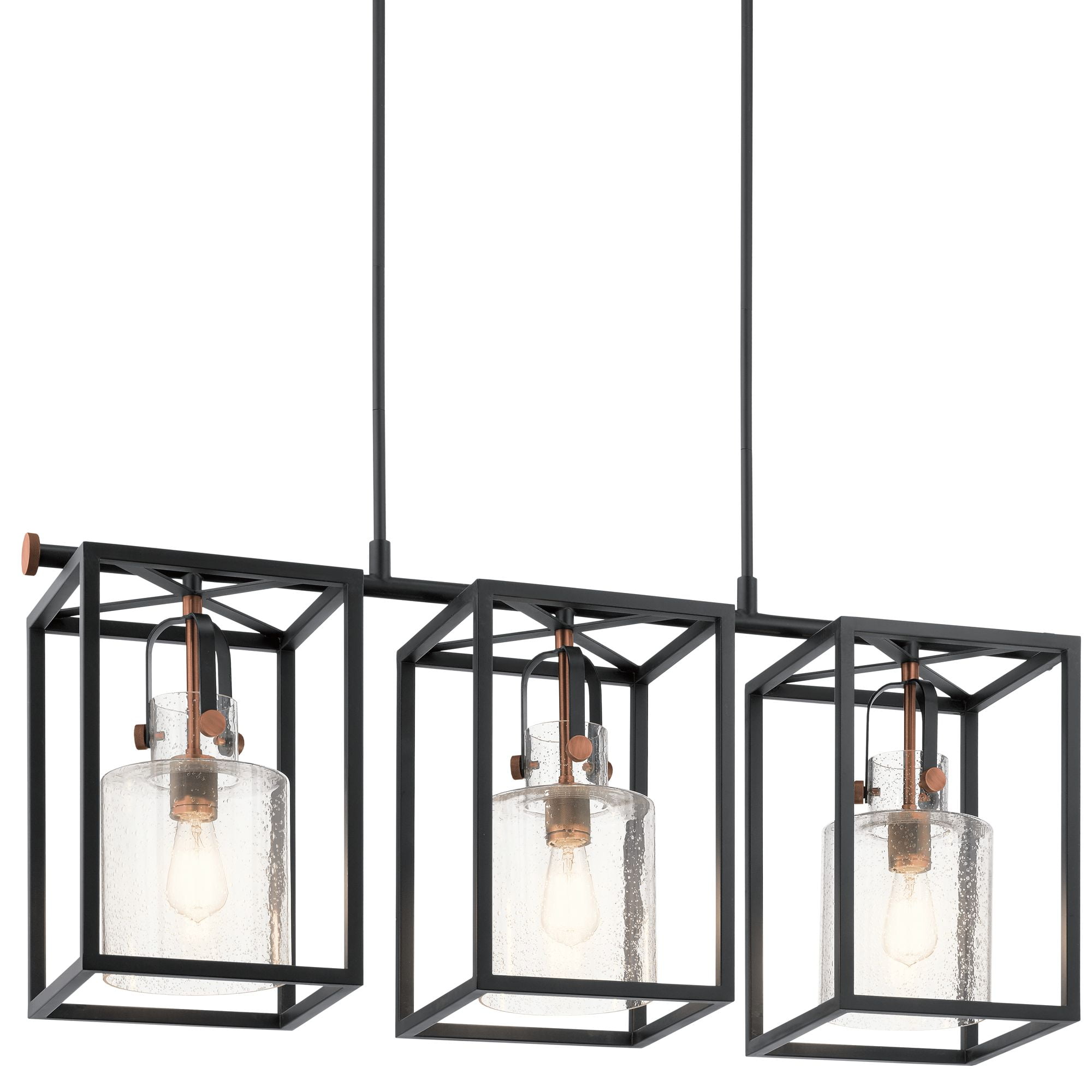 Black Steel Cage 3-Light Linear Chandelier with Clear Seeded Glass