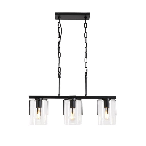 3-Light Matte Black Linear Pendant Light, Industrial Kitchen Island Lighting With Clear Glass Shades, Adjustable Chain Chandelier For Dining Room, Living Room & Entryway