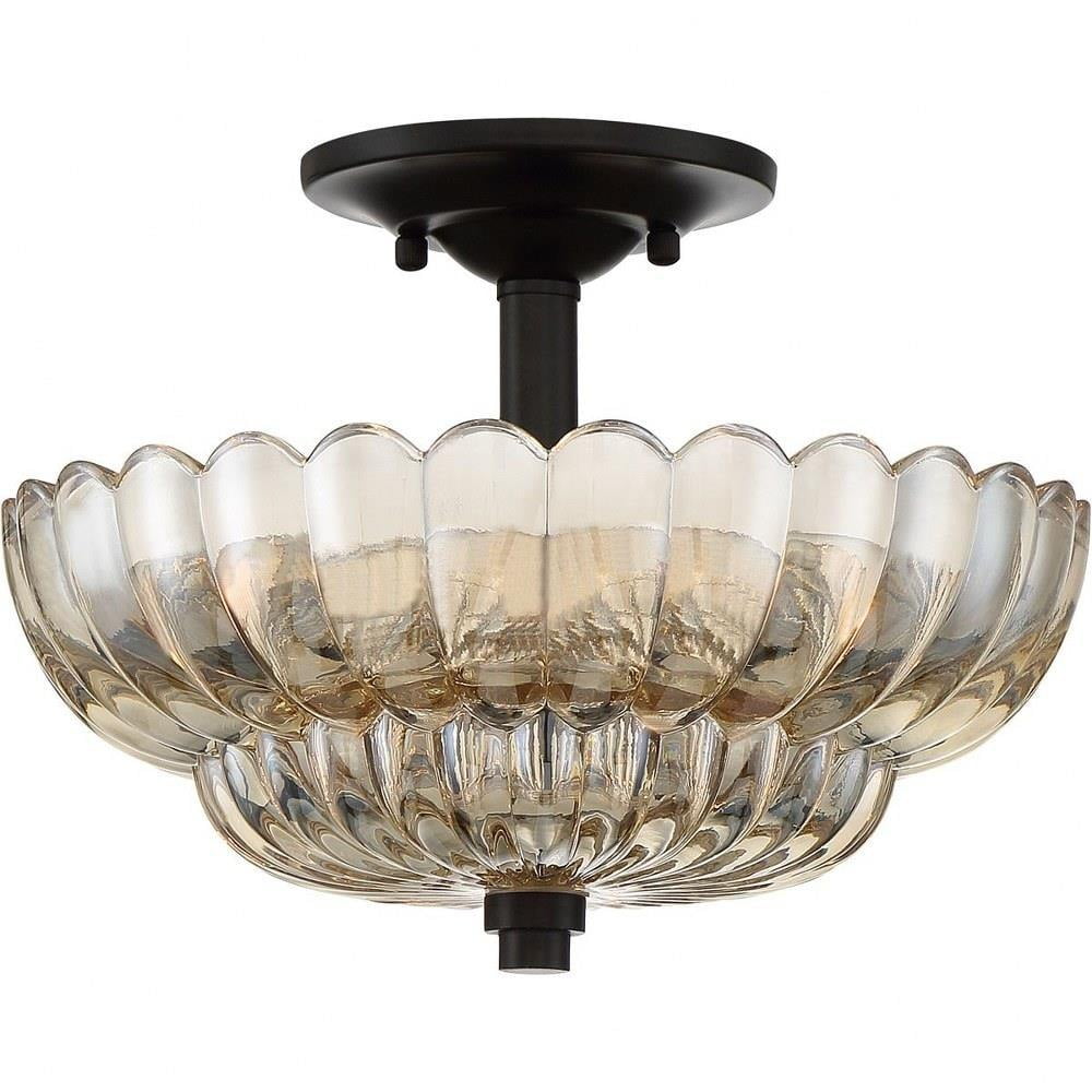 Amber Glass and Cocoa Metal 3-Light Semi Flush Mount