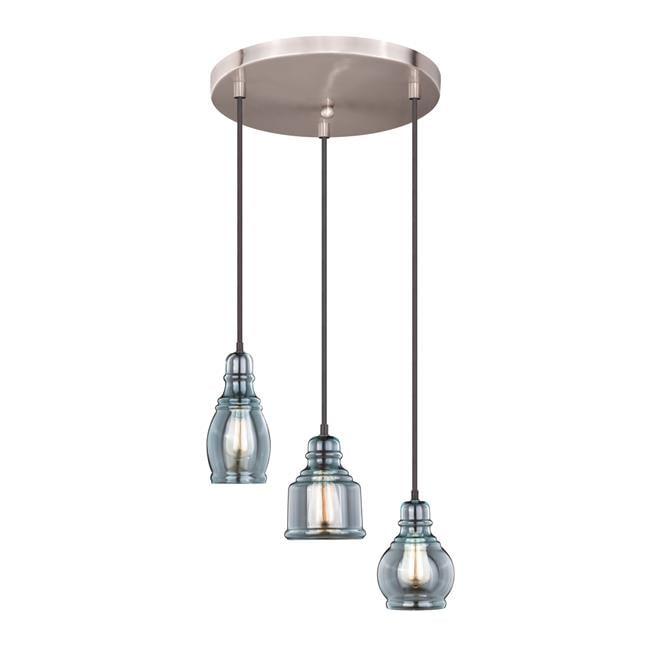 Bronze Mini 3-Light Pendant with Smoke Blue Seeded Glass
