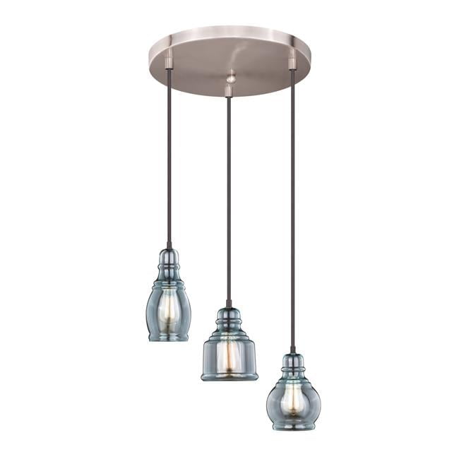 Bronze Mini 3-Light Pendant with Smoke Blue Seeded Glass