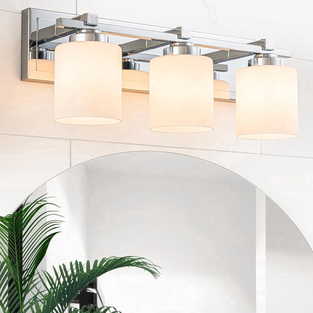 SineRise 3-Light Chrome Modern Bathroom Vanity Light with Milky White Glass Shades