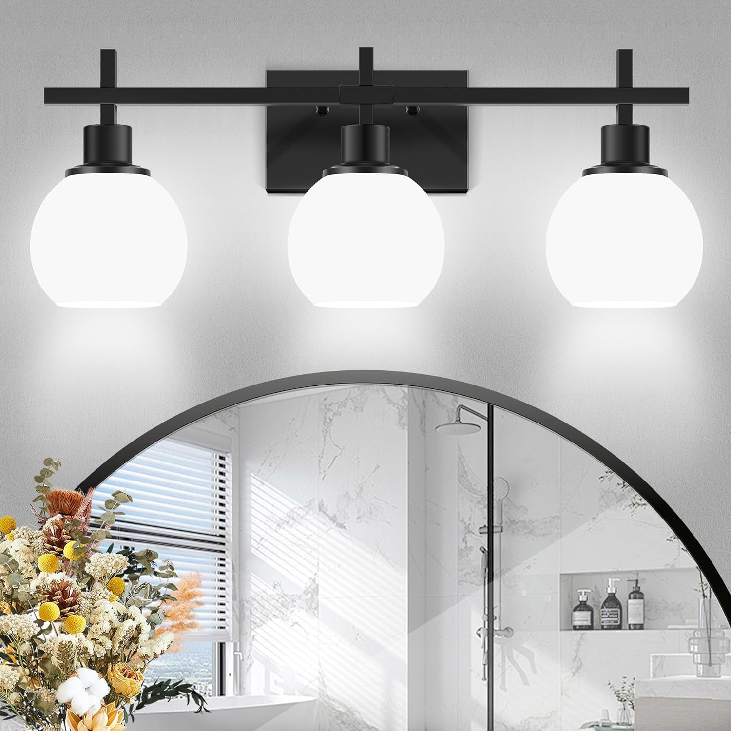 3-Light Modern Bathroom Light Fixtures Vanity Light over Mirror with Milky White Frosted Glass Shades, E26 Socket (Bulbs Not Included)