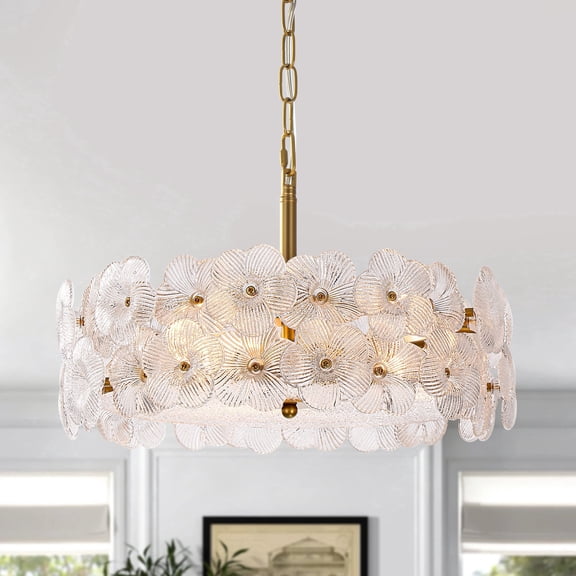 3-Light Modern Brass Flower Glass Chandelier, Contemporary Drum Pendant Light for Dining Room