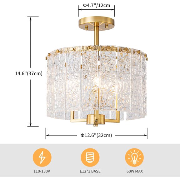 3-Light Modern Ceiling Light for Living Room, Bedroom, Foyer, Kitchen, Close to Ceiling Semi-Flushmount Light Fixture, D12.6 x H14.6, Handmade Glass Shade & Gold Finish Frame