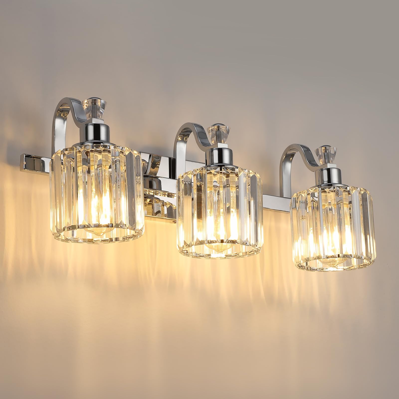 3-Light Modern Crystal Bathroom Light Fixtures-Chrome Vanity Lights Crystal Splicing with Metal ...