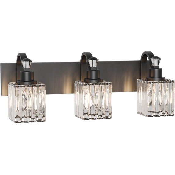 3-Light Modern Crystal Bathroom Vanity Lights Black Bathroom Light Fixtures Crystal Vanity Shower Lights Over Mirror, Mirror Glass Crystal Bathroom Vanity Lighting Fixtures
