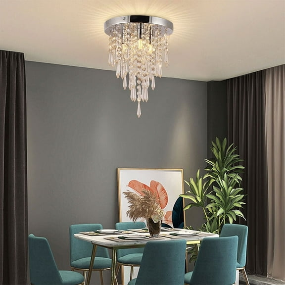 3 Light Modern Crystal Ceiling Light,K9 Crystal Silver Ceiling Light Fixture,Ceiling Lamp with Crystal Pendant for Bedroom,Dining Room,Living Room