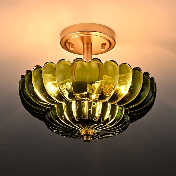 3-Light Modern Gold Semi Flush Mount Ceiling Light with Scalloped Green Glass Shade