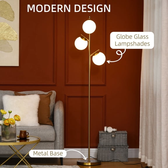 3-Light Modern Tree Floor Lamp Gold Globe Lampshades Standing Lamp for Living Room Bedroom Office Foot Switch Control 5.9ft Cord E27 Base