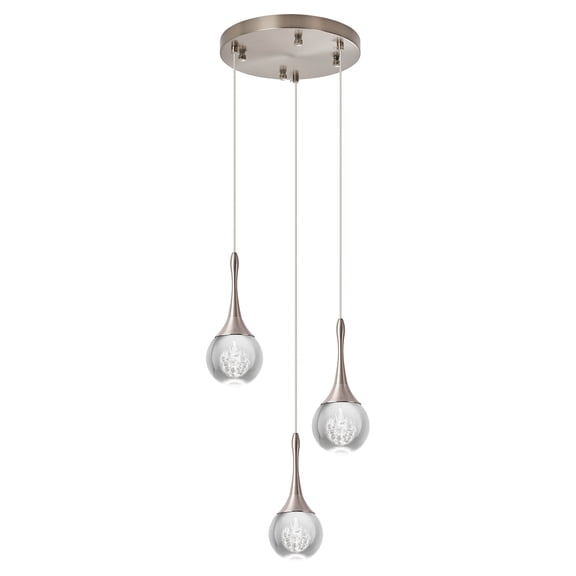 3-Light Nickel Teardrop Pendant Lighting, 15W Modern Dimmable LED Crystal Chandelier Cluster Pendant Light for Kitchen Island Dining Room Hallway Bathroom 6000K Cold White